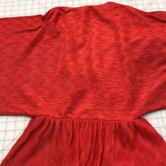 ZARA Kimono SLV Shimmer Ribbed Draped Lettuce Edge V-Neck Red Midi Party Dress S - Picture 10 of 16